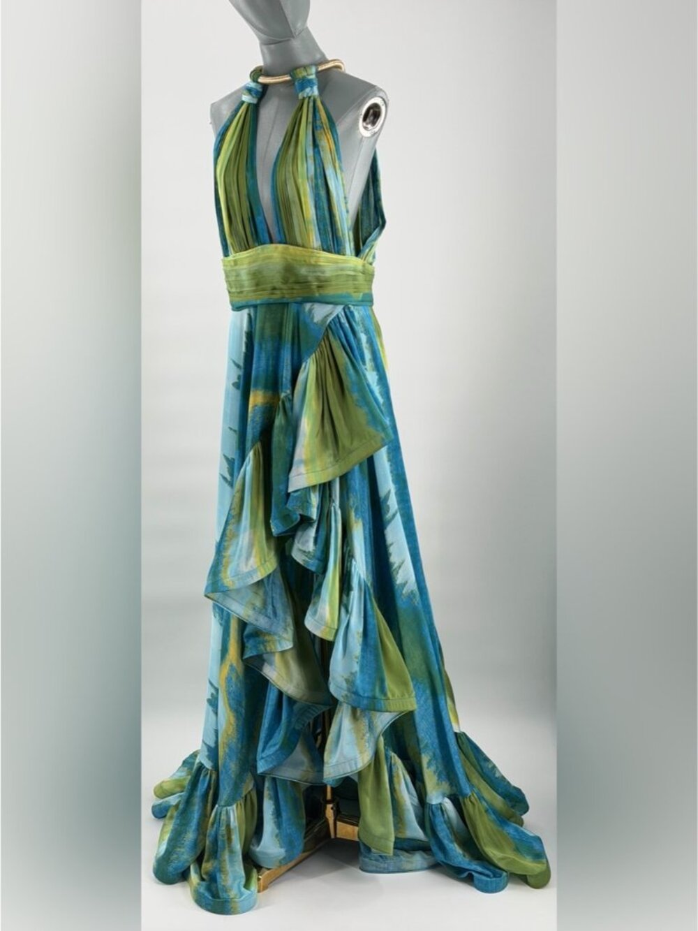 🆕 BRONX & BANCO 🧿 NWOT Palma Coastal Ruffle Hi-Low Gown, Blue Green, Sz L US 8 - Picture 4 of 16